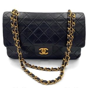 Authentic CHANEL Lambskin Double Chain Double Medium Flap Bag black/gold